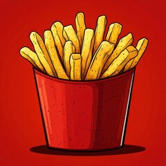 A vibrant illustration of a container filled with golden French fries against a red background.