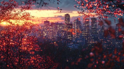 Fototapeta premium A vibrant forest merging with a bustling city skyline at dusk, where the warm lights of the city reflect off the leaves, creating a harmonious blend of nature and urban l