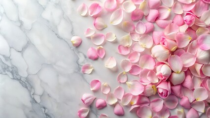 Fototapeta premium Soft pink rose petals scattered on a marble background, texture, delicate, texture, delicate, nature