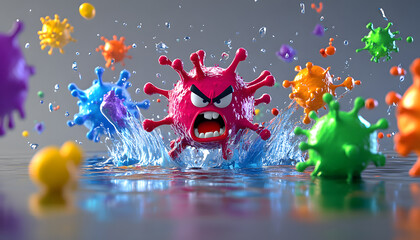 3D cartoon-style illustration of a cute, and strong bacteria in a white background