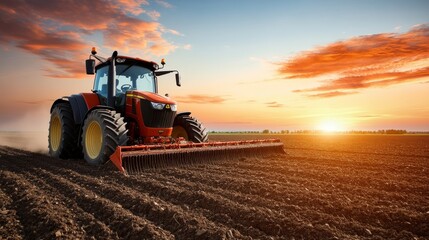 Obraz premium Agricultural Tractor Working in the Field at Sunset, Cultivating Soil with Beautiful Sky Colors and Agricultural Landscape in the Background