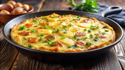 Sizzling tortilla de patatas in a hot pan, with melted cheese and crispy edges , cooking, restaurant,  cooking