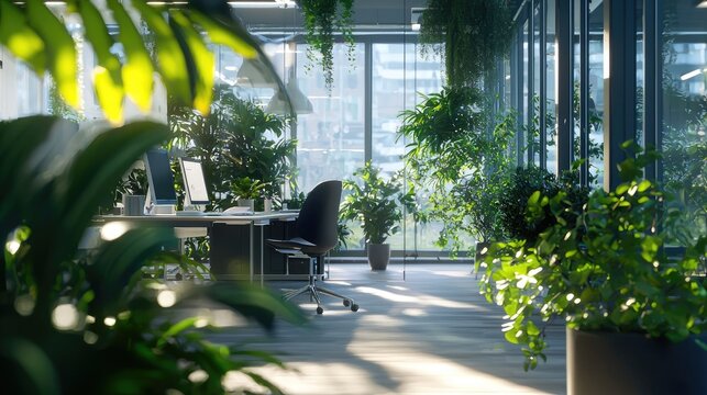 A serene office environment where a team is conducting an ethical advertisement workshop, adorned with plants and soft lighting.