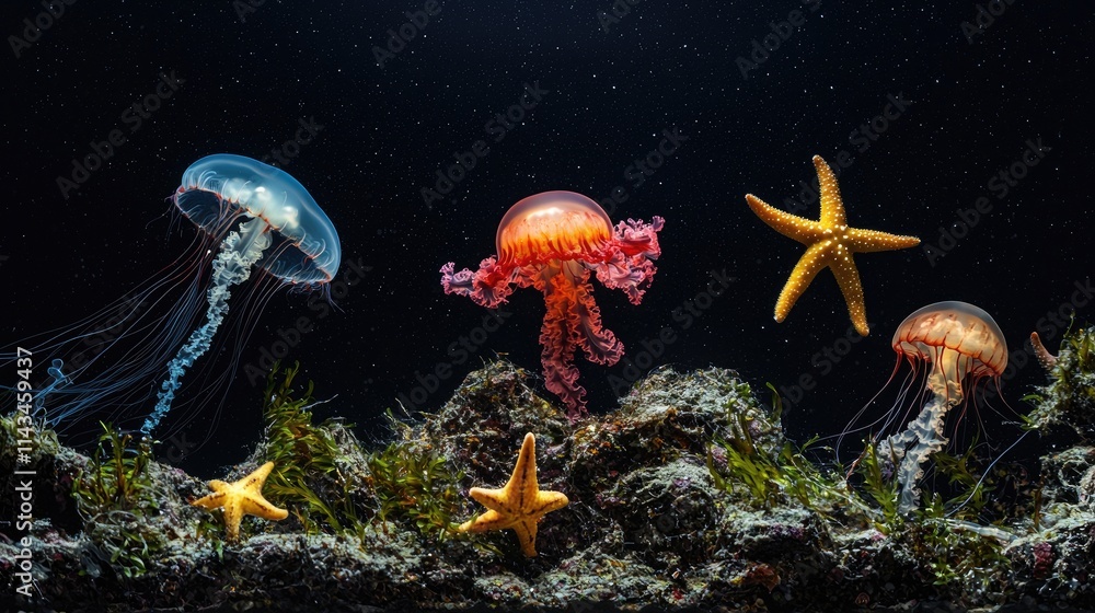 Poster a mesmerizing view of a deep-sea explored area, featuring unique marine life such as jellyfish and s