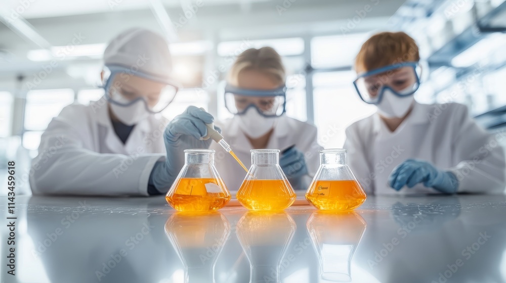 Aufkleber scientists conducting experiment with glassware and colorful liquids in modern laboratory setting em