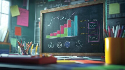 An animated infographic on a chalkboard showcasing various financial products, with vibrant colors and captivating icons to engage viewers in financial education.