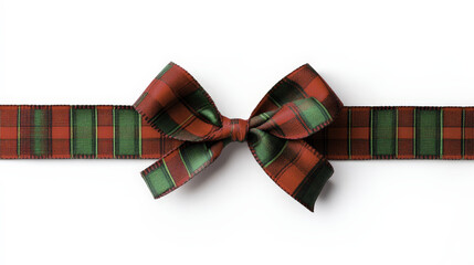 Red and green plaid ribbon forming curled bow on white background, perfect for festive decorations and gift wrapping