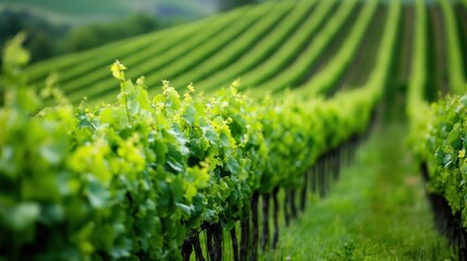 Lush vineyard rows in a scenic landscape.