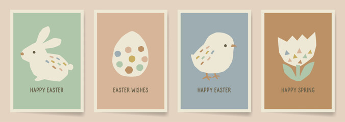 Set of Easter greeting cards with paper cutout-style bunny, egg, chick, and flower in retro modern pastel colors. Applicable to kids room decor, posters, and flyers. © Torico
