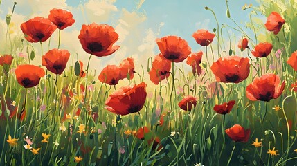 Fototapeta premium Vivid Red Poppies Bloom in a Sunny Field