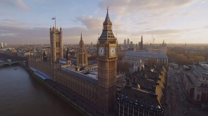 Fototapeta premium Aerial View of London's Iconic Landmark at Sunset: Big Ben and the Houses of Parliament