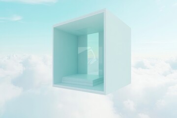 Minimalist Floating Cube in the Sky Surrounded by Soft Clouds, Representing Serenity, Imagination, and Modern Design in a Dreamy Atmosphere