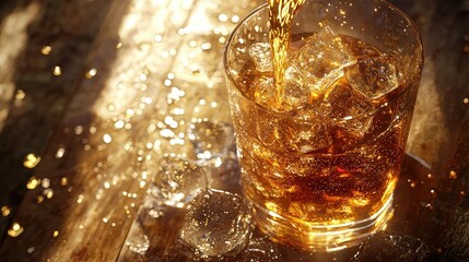 An artistic close-up of a cold brew coffee being poured over ice in a crystal-clear glass, showcasing the rich amber color while sunlight casts playful shadows on a rusti