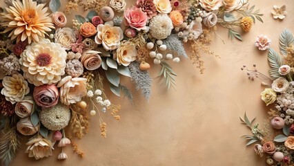 Fototapeta premium Ancient floral arrangement wall featuring intricately designed artificial flowers in soft pastel hues against a warm beige backdrop, bohemian interior, floral pattern
