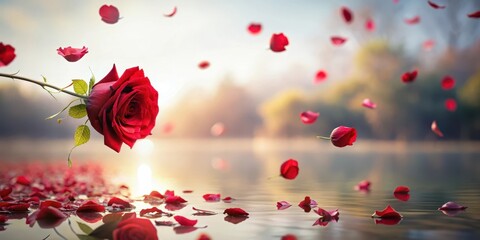 Delicate red rose petals float gently in the air, carried by a soft breeze, as they drift away into the distance, peaceful landscape, floating flowers