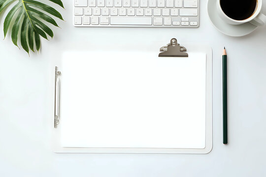 Flat lay, top view office table desk. Workspace with blank clip board, keyboard, office supplies, pencil, green leaf, and coffee cup on white background