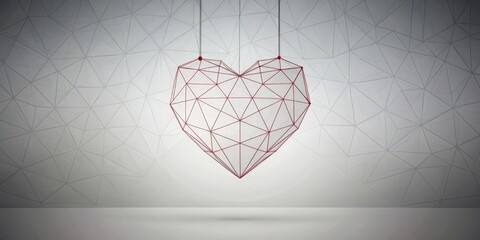 A minimalist illustration of a single heart shape suspended in space, surrounded by subtle geometric patterns and lines to convey simplicity and elegance , floating heart, crisp