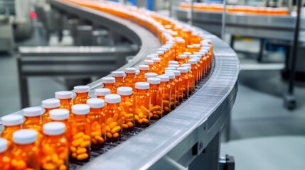 Automated Pharmaceutical Production Line: Bottles Filled with Pills