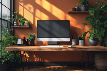 A minimalist office space with white walls, simple furniture, and clean lines. The desk is clutter-free, with only a laptop and a few essential items.
