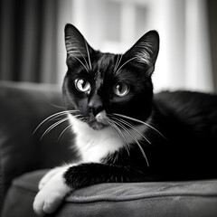 Captivating Black and White Portrait of a Domestic Short-Haired Cat in Leisurely Repose