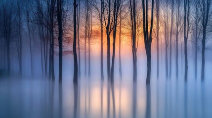 A misty forest at dawn, with soft sunlight streaming through fog, creating a mystical feel as ethereal silhouettes of trees emerge.