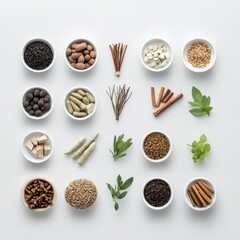 A Beautiful Arrangement of Various Spices and Herbs in Small Bowls on a Light Gray Background for Culinary Inspiration and Recipe Ideas