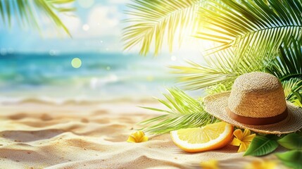 Obraz premium A creatively designed digital banner for a summer sale, featuring tropical elements like palm leaves and bright yellow colors.