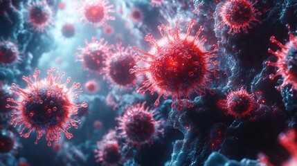 Surreal 3D Visualization of Viruses in Red and Blue Colors with Glowing Effect