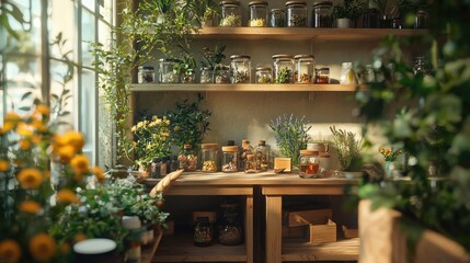 A friendly community workshop where people share herbal remedies and health tips, with colorful plants and natural decor creating an inspiring space.