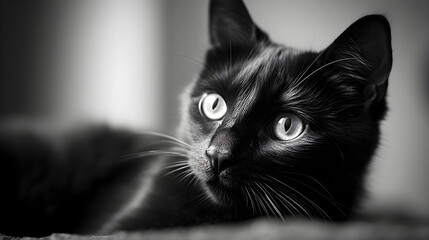 Captivating Black and White Portrait of a Domestic Short-Haired Cat in Leisurely Repose