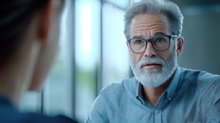 A performance review meeting taking place in a modern office, with a manager providing constructive feedback to an employee, depicted through focused expressions and an o