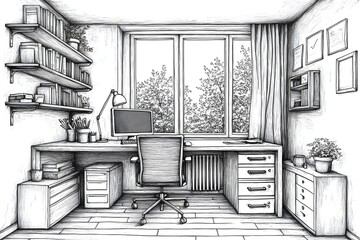 A minimalist office space with white walls, simple furniture, and clean lines. The desk is clutter-free, with only a laptop and a few essential items.
