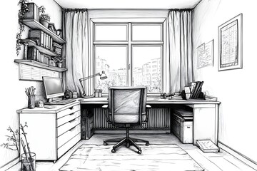 A minimalist office space with white walls, simple furniture, and clean lines. The desk is clutter-free, with only a laptop and a few essential items.
