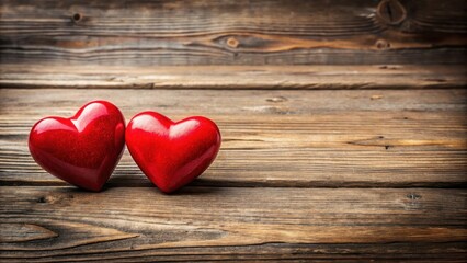Fototapeta premium Valentines Day Background Two Red Hearts On Vintage Wooden Table , Valentine's Day, Wood, Valentine's Day, Wood, Romance