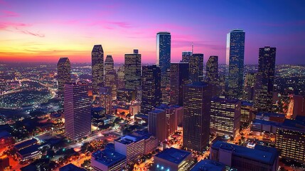Fototapeta premium An aerial view of a bustling city skyline during dusk, with colorful lights illuminating skyscrapers, symbolizing the dynamic nature of urban business activity.