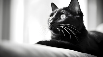 Captivating Black and White Portrait of a Domestic Short-Haired Cat in Leisurely Repose