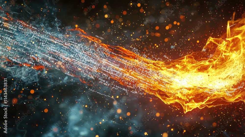Fototapete A visual metaphor of a digital fire being extinguished by streams of code, representing quick action in cybersecurity incident response, with bright red and white colors.