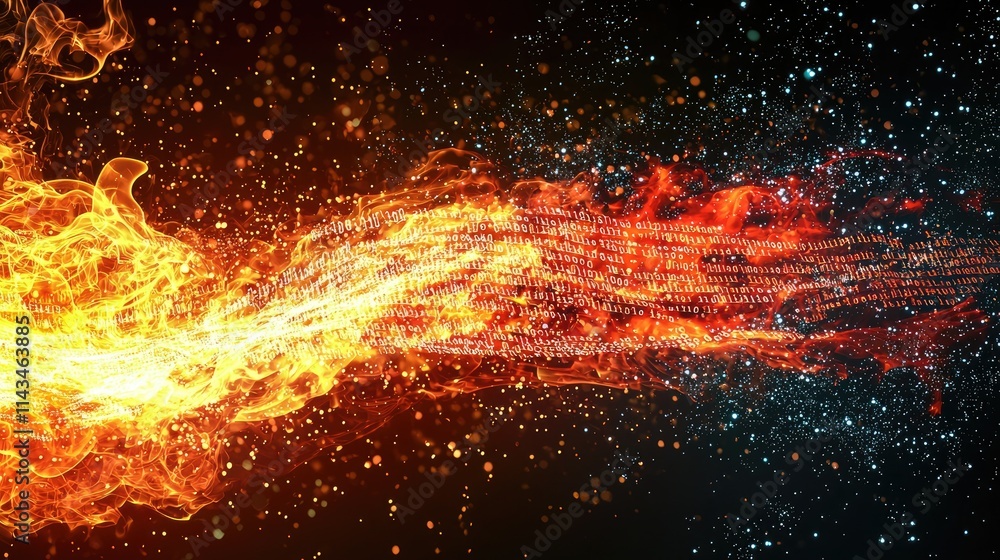 Aufkleber A visual metaphor of a digital fire being extinguished by streams of code, representing quick action in cybersecurity incident response, with bright red and white colors.