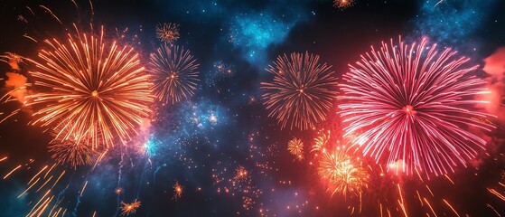 Vivid fireworks exploding in the night sky, vibrant colors and sparkling trails, a mesmerizing celebration with a dark starry backdrop