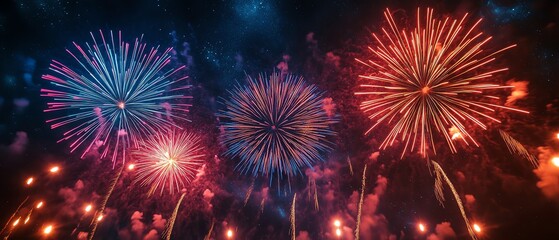 Obraz premium Vivid fireworks exploding in the night sky, vibrant colors and sparkling trails, a mesmerizing celebration with a dark starry backdrop