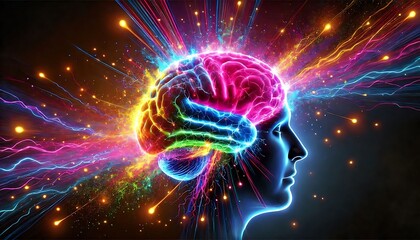Abstract Colourful Human Brain explosion .Modern Science Neural Network Intelligence and Creativity, imagination ideas, innovation, and mental strength, abstract art