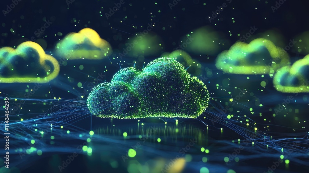 Aufkleber A visually striking representation of cloud infrastructure with interconnected nodes and pathways glimmering in bright green and blue tones on a dark background.