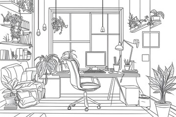 A minimalist office space with white walls, simple furniture, and clean lines. The desk is clutter-free, with only a laptop and a few essential items.
