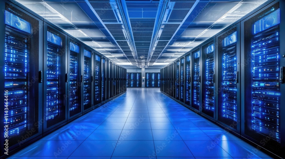 Poster An illustration of a data center with rows of servers illuminated in cool tones, emphasizing the scale and importance of cloud infrastructure in modern business.