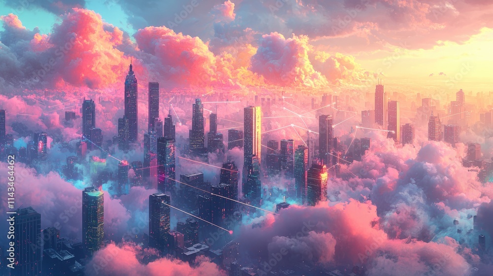 Poster a vibrant city skyline surrounded by colorful digital clouds, with lines connecting buildings, symbo