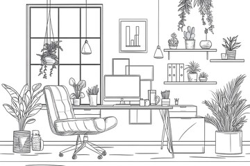 A minimalist office space with white walls, simple furniture, and clean lines. The desk is clutter-free, with only a laptop and a few essential items.
