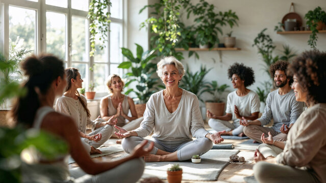 Senior smiling instructor woman leading diverse group of people in cross-legged seated position on yoga mats, meditating in bright room with plants. Indoor yoga or mindfulness meditation session