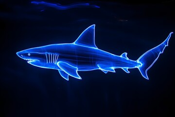 Obraz premium A mesmerizing neon shark cutout gliding through the eerie darkness of the ocean.