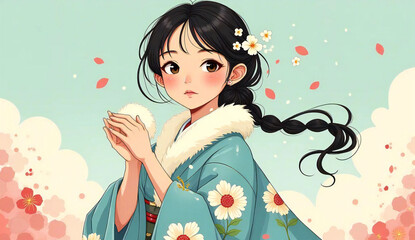 Japanese woman wearing a blue kimono with fur