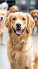 cute happy labrador dog with other dogs in background